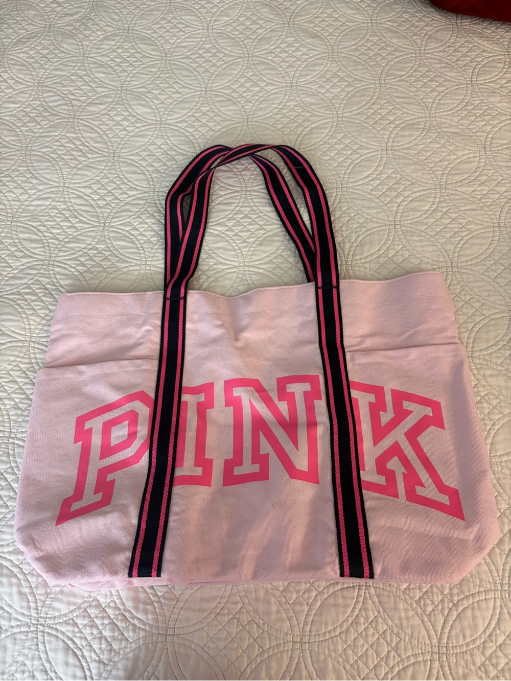 PINK Victoria's Secret Light Pink Canvas Tote with Black & Hot Pink Straps